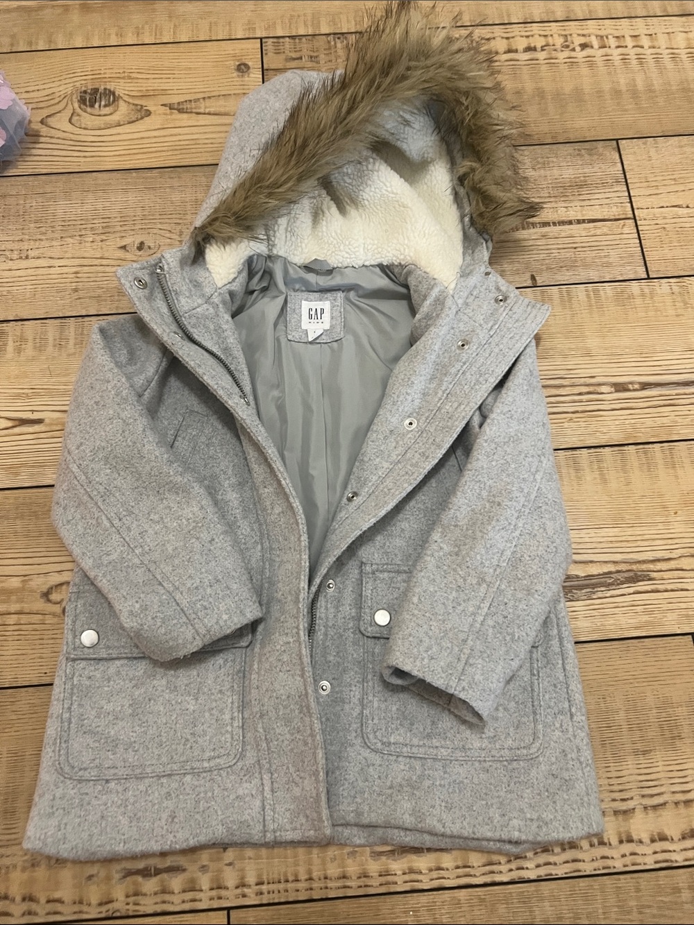 GAP Girls Gray Hooded Pea Coat with Faux-Fur Trim